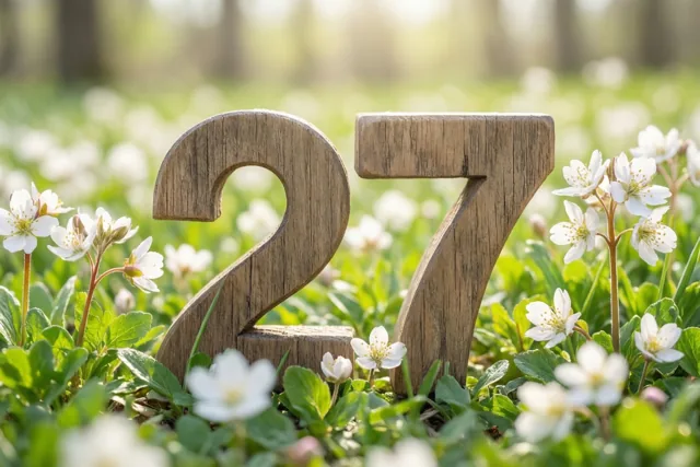 Houten cijfers vormen 27 in een zonnige groene weide met witte lentebloemen en een zacht vervaagde achtergrond.