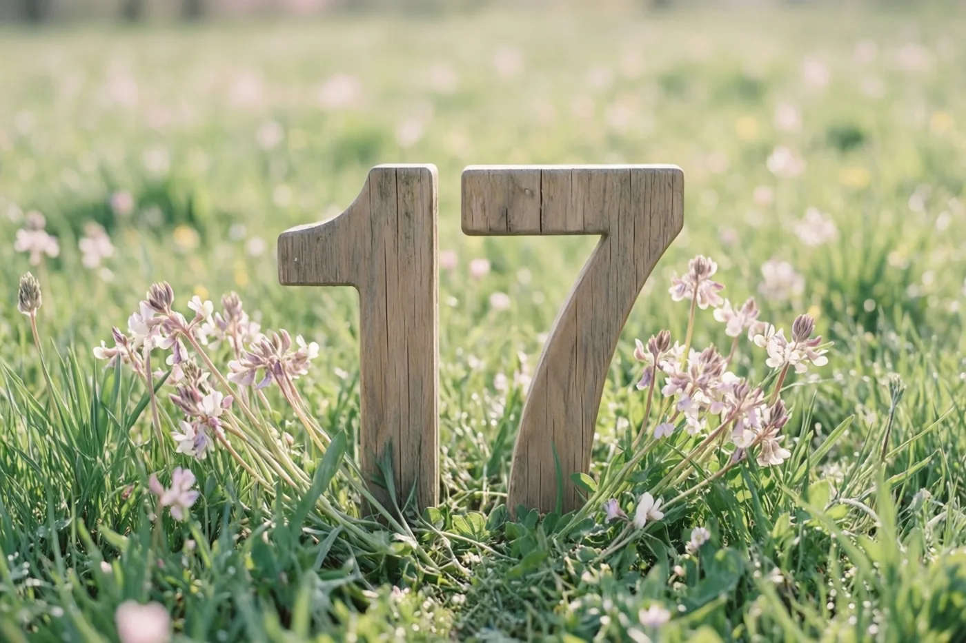 Houten cijfers 17 staan rechtop in een zonnige grasweide met kleine roze en witte bloemen.