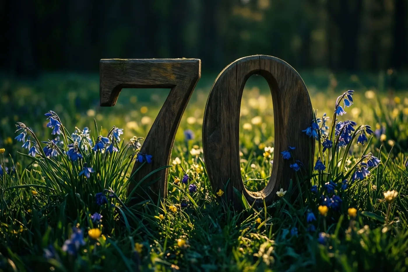 Houten cijfers vormen 70 in een zonnige weide met blauwe en gele lentebloemen en wazig groen op de achtergrond.