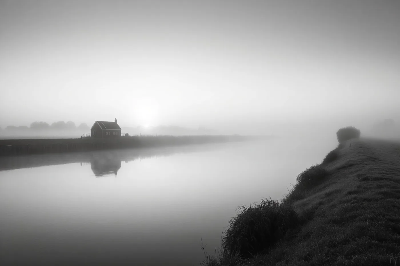 Een alleenstaand huis aan een mistige rivieroever weerspiegelt bij dageraad in het stille water op een monochrome foto.