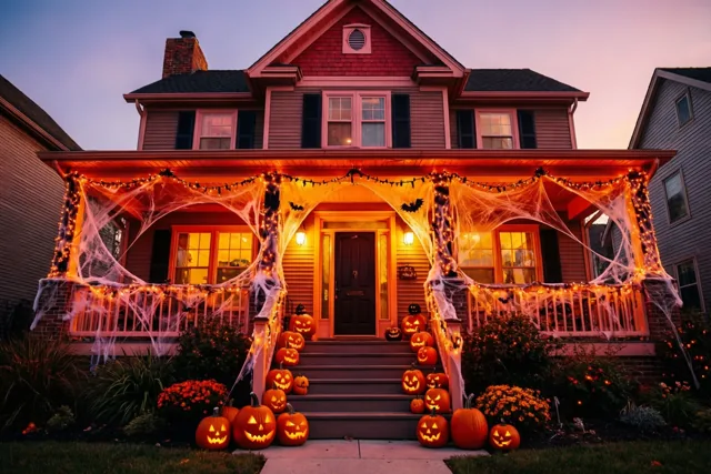 Een huis met twee bouwlagen is versierd met oranje lichtjes, kunstmatige spinnenwebben aan de veranda en uitgesneden pompoenen op de treden en het gazon onder een paars-oranje avondlucht.