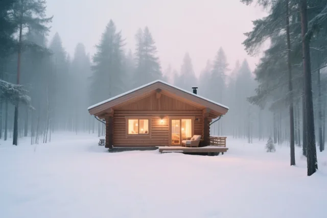 Een houten huisje met amberkleurig verlichte ramen staat tussen hoge dennen en sneeuw onder een nevelige lucht.