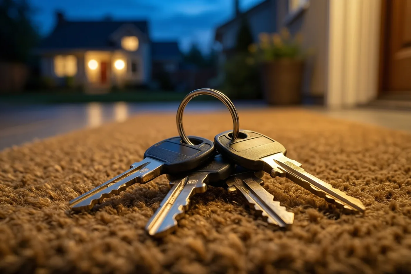 Huissleutels aan een ring liggen op een bruine deurmat met structuur, met een warm verlicht huis in de schemering op de achtergrond.