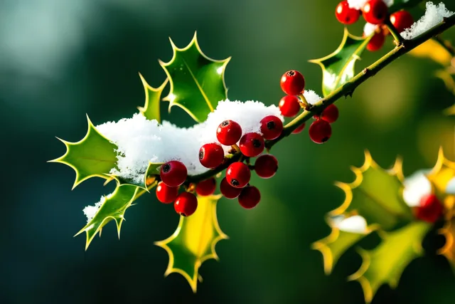 Een hulsttak met felrode bessen en groene bladeren met een laagje sneeuw steekt af tegen een wazige groene achtergrond.