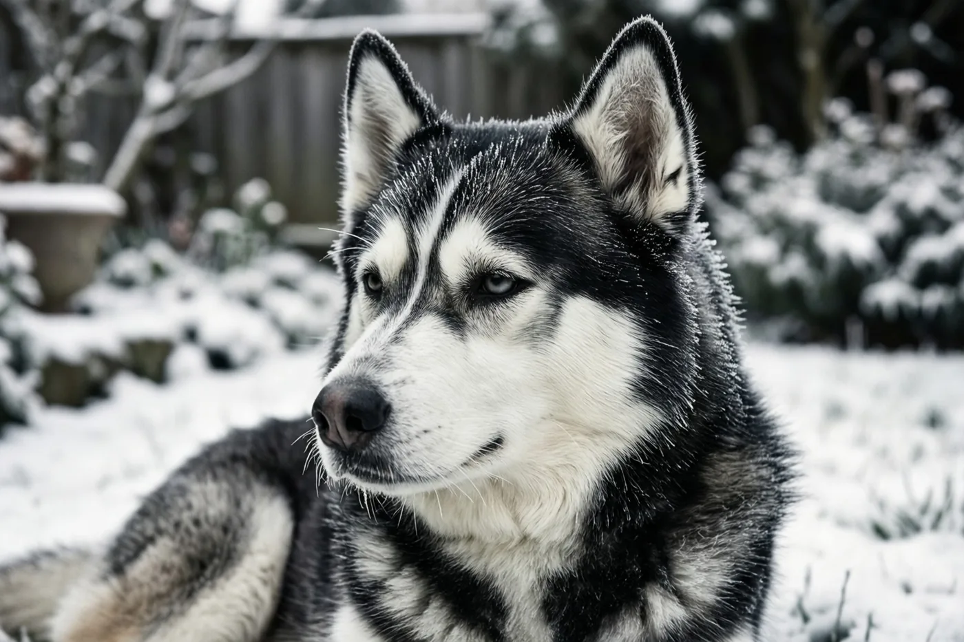 Een husky met rijp op zijn snorharen rust in een besneeuwde tuin in zwart-, wit- en grijstinten.