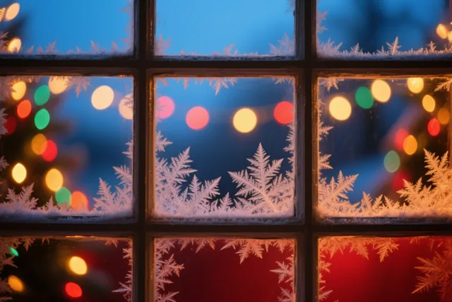 IJskristallen vormen patronen op een raam met meerdere ruitjes, met wazige blauwe, rode en geeloranje kerstlichtjes op de achtergrond bij nacht.