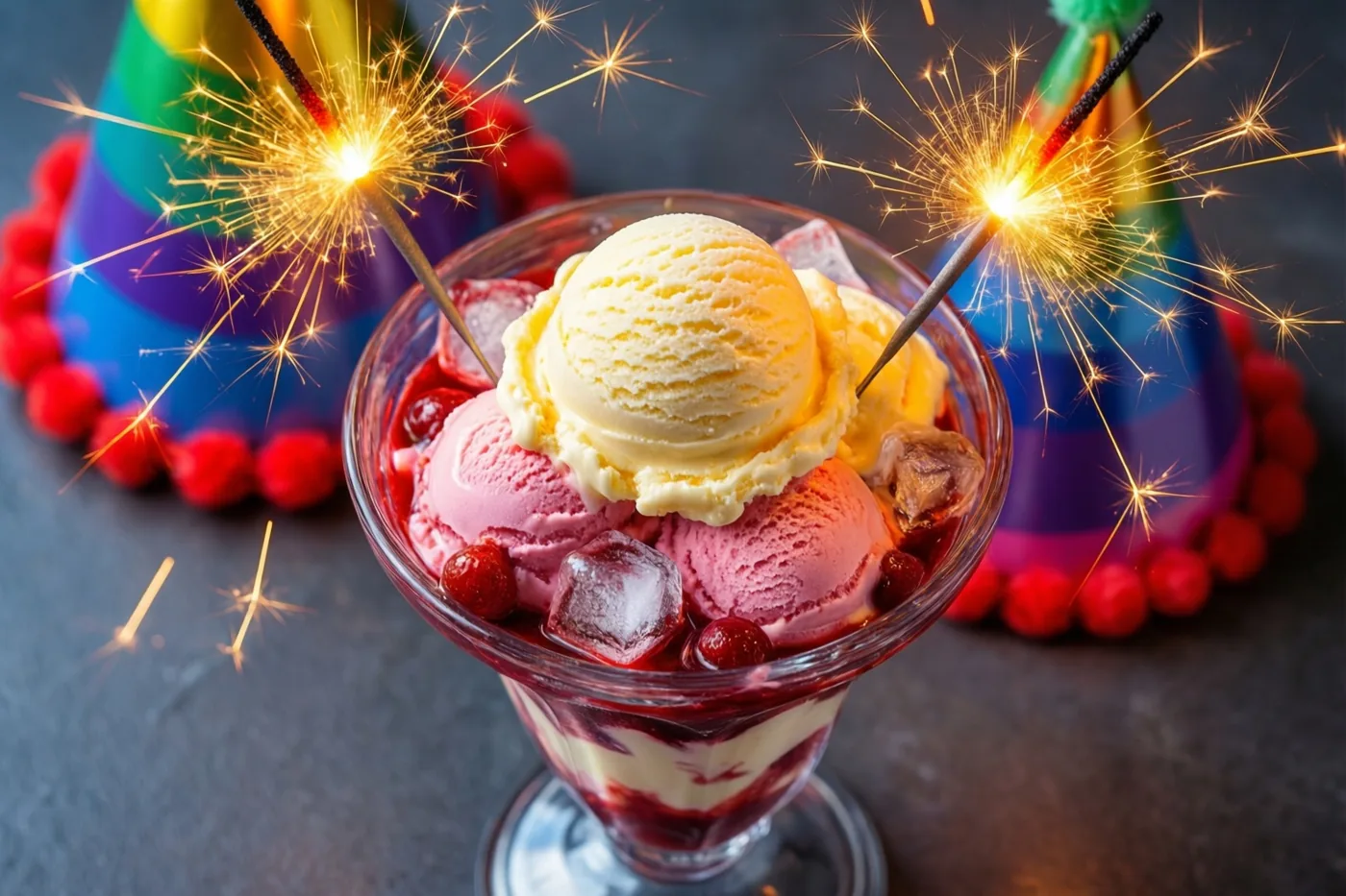 Een glazen coupe met roze en geel ijs, kersen, ijsblokjes en twee brandende sterretjes staat tussen twee regenboogkleurige feesthoedjes met rode pompons op een donkere ondergrond.