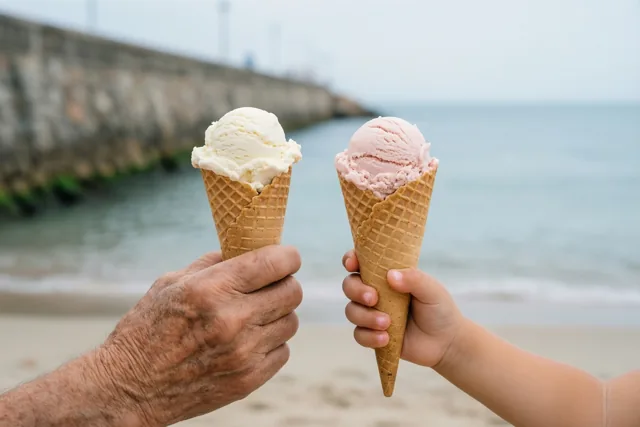 Een oudere hand en een kleine hand houden twee ijshoorntjes naar elkaar toe, met een zeedijk en strand op de achtergrond in beige, blauwe en roze tinten.