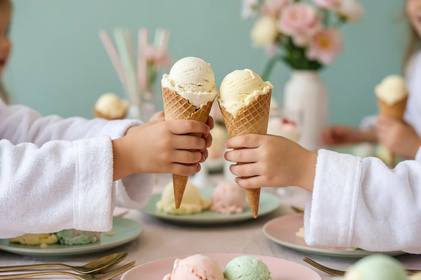 Twee kinderhanden uit witte gewaadsmouwen houden ijshoorntjes tegen elkaar boven een tafel voor een lentefeest in mintgroene, roze en crèmekleurige tinten.