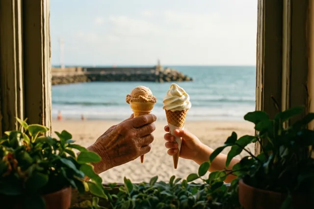 Een oudere hand en een kleine hand houden ijshoorntjes vast voor een houten raam met potplanten, met uitzicht op een strand en een zeedijk.