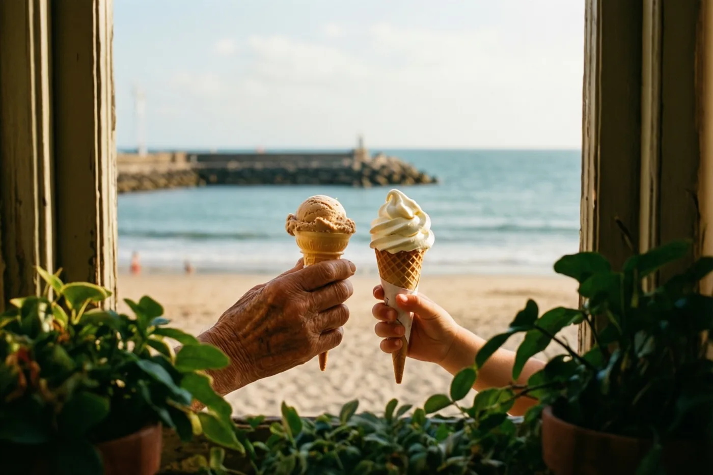 Een oudere hand en een kleine hand houden ijshoorntjes vast voor een houten raam met potplanten, met uitzicht op een strand en een zeedijk.