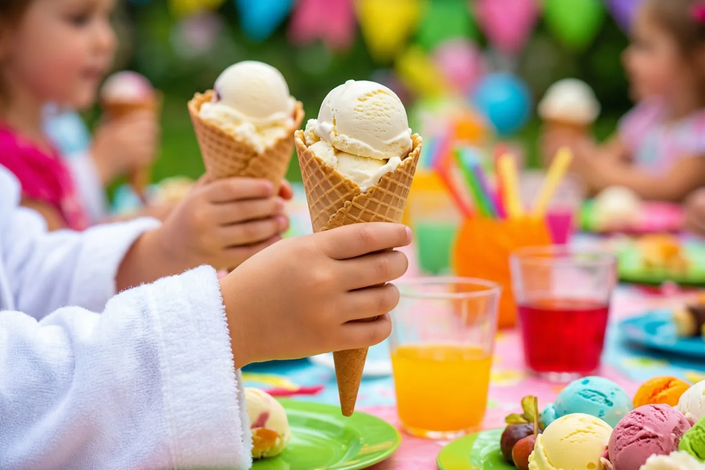 Kinderhanden uit witte gewaadsmouwen houden ijshoorntjes boven een kleurrijke feesttafel in de buitenlucht, met pastelkleuren en primaire kleuren.