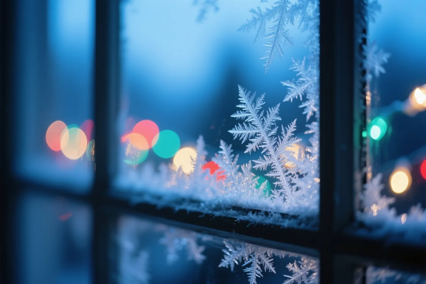 IJskristallen bedekken een ruit met wazige gekleurde kerstlichtjes op de achtergrond, in overwegend blauwe tinten met rode, groene en gele accenten.