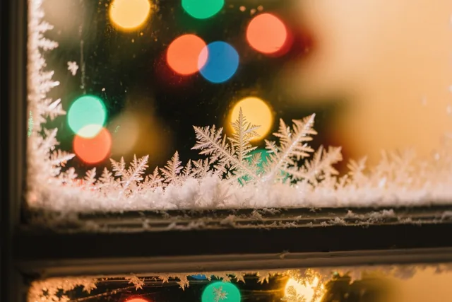 IJskristallen vormen patronen op een ruit met wazige gekleurde kerstlichtjes erachter, in warme rode, groene en gouden tinten.