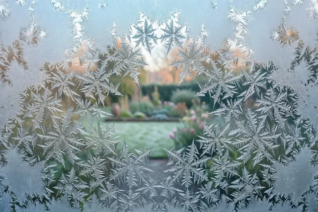 Sneeuwvlokachtige ijskristallen bedekken een ruit rond een helder midden, met een wazige tuin in zachte groene en oranje tinten erachter.