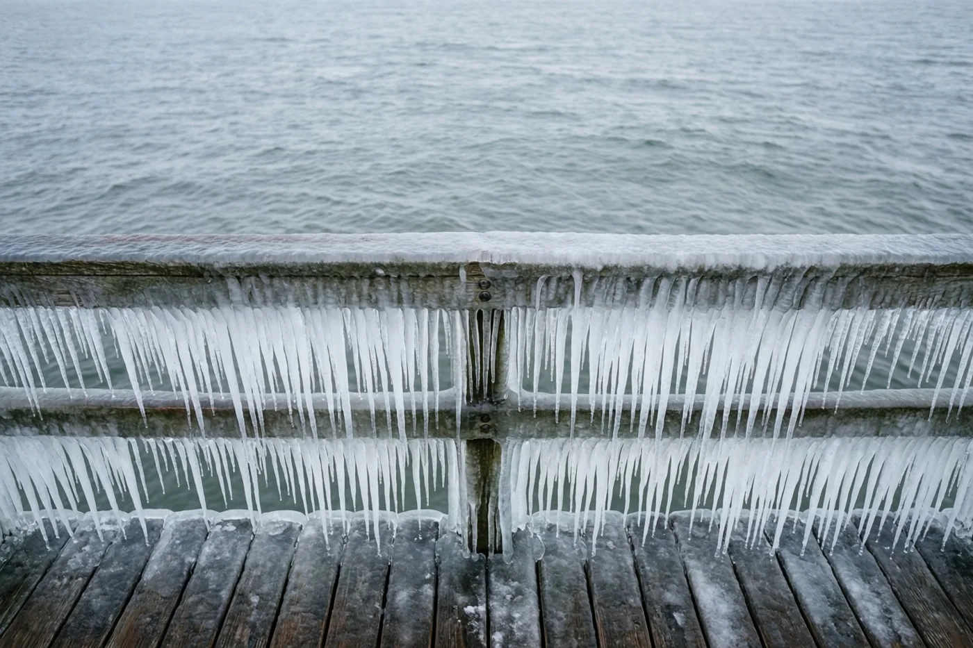IJspegels hangen aan de houten leuning van een pier boven een grijze winterzee in gedempte tinten.