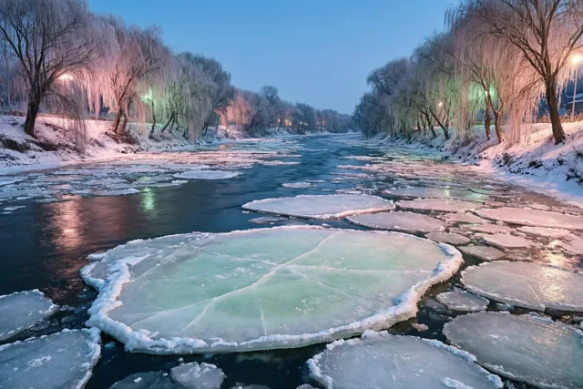 Winteravond langs de rivier