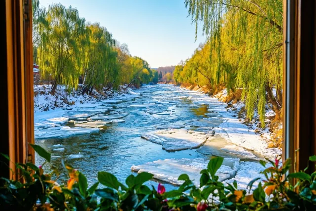 Door een houten raam drijven ijsschotsen op een rivier tussen besneeuwde oevers met wilgen in warm zonlicht en blauwe, groene en witte tinten.