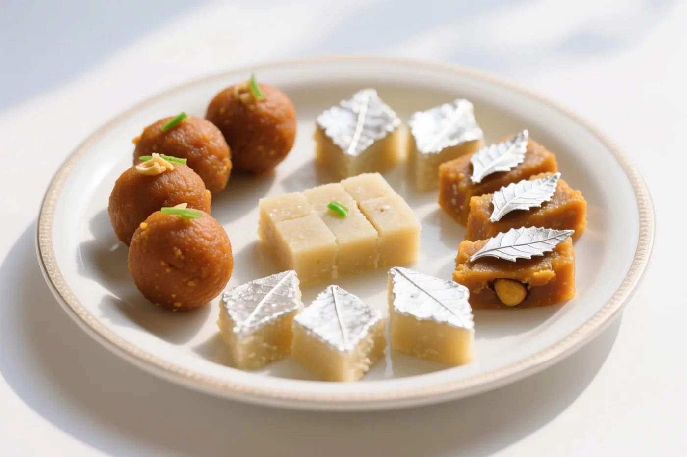 Op een wit bord met gouden rand liggen ladoos, barfi en kaju katli met bladzilver en groene kruiden, op een witte ondergrond in helder licht.