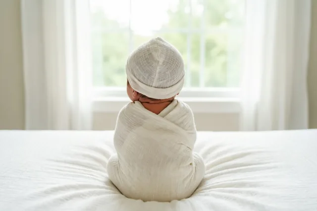 Een ingebakerde pasgeboren baby zit van achteren gezien op een wit bed, naar een raam gericht in zacht daglicht.