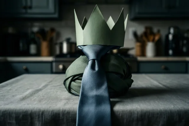 Een als cadeau ingepakte das met een papieren kinderkroon ligt op een keukentafel in een schemerige keuken met gedempte groen- en grijstinten.