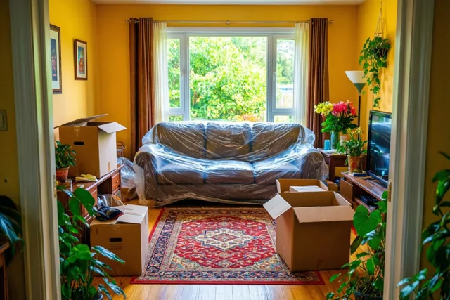Een zetel in plastic staat op een rood tapijt met motieven tussen open verhuisdozen in een zonnige woonkamer met gele muren en groene planten.