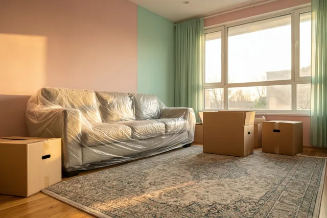 Een in plastic verpakte zetel staat op een tapijt met motieven tussen verhuisdozen, in een zonnige woonkamer met zachtroze en mintgroene muren.