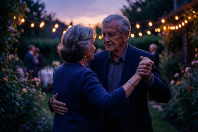 Een ouder koppel danst dicht tegen elkaar in een tuin met lichtslingers en bloeiende struiken, in blauwe en paarse schemertinten.