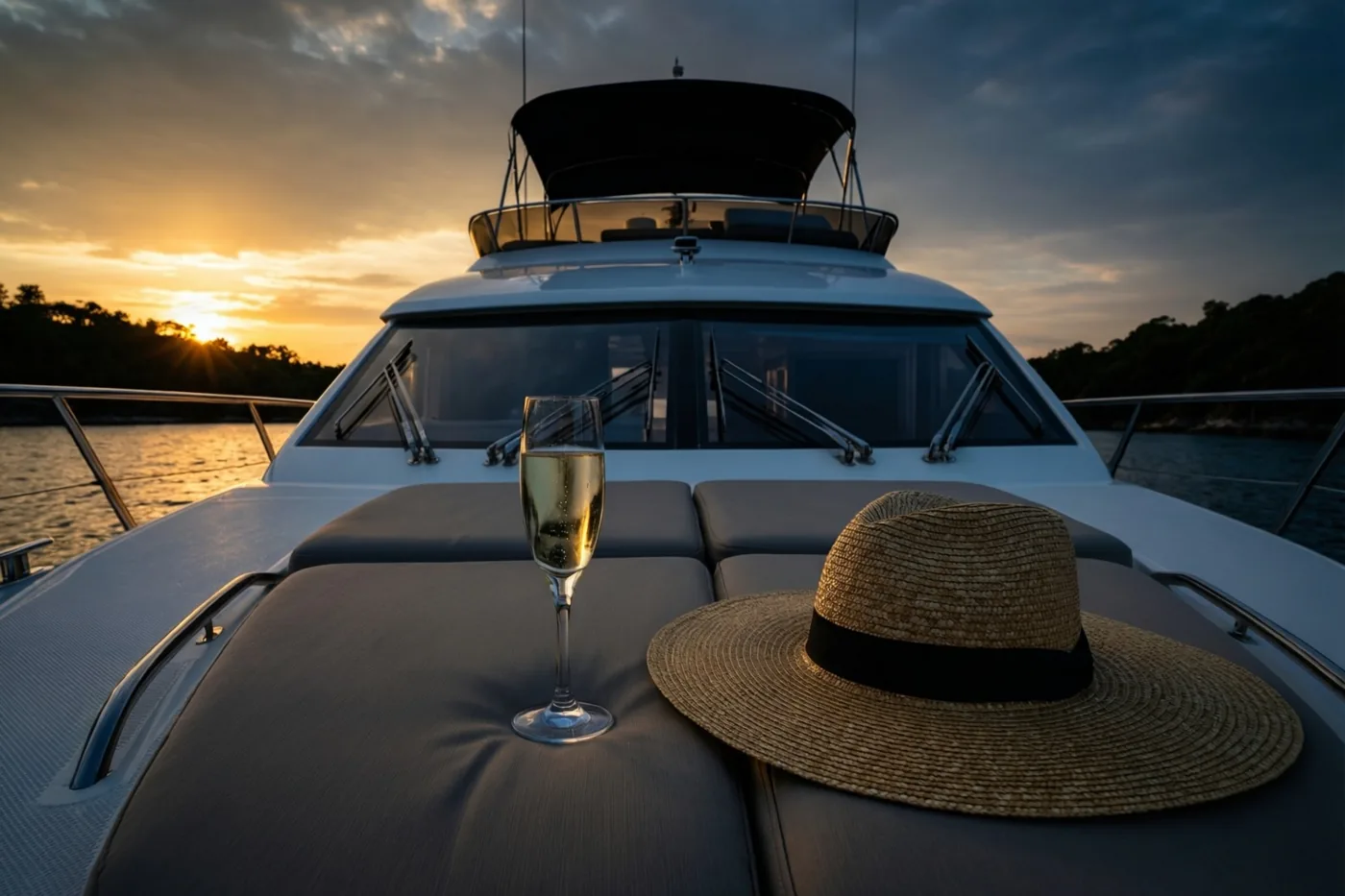 Op een wit jachtdek liggen grijze kussens en een strohoed met een zwarte band naast een glas champagne, terwijl oranje en blauwe luchtkleuren in het water weerspiegelen.