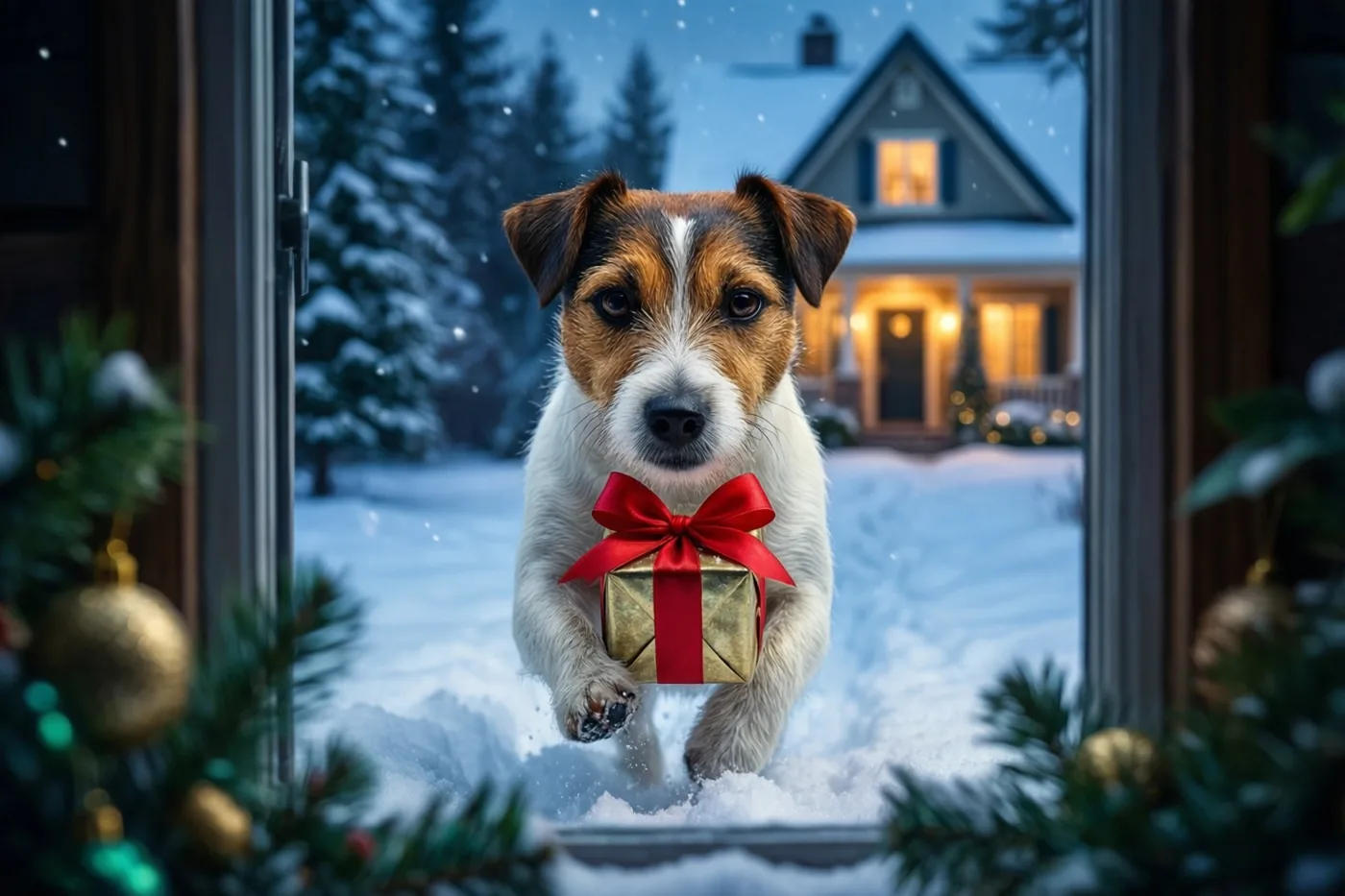 Door een raam met kersttakken en versiering op de voorgrond is een jackrussellterriër te zien die een goudkleurig pakje met rode strik door de sneeuw naar een verlicht huis draagt.