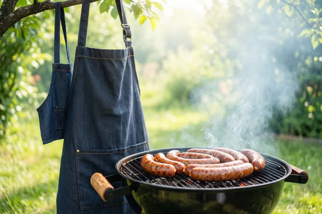 Een grote en een kleine jeansschort hangen aan een boomtak naast een houtskoolbarbecue met rokende worsten in een zonnige tuin.