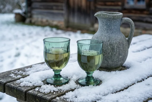 Twee groengetinte tulpglazen met jenever en een grijze stenen kruik staan op een besneeuwde houten tafel met een houten boerderij onscherp op de achtergrond.