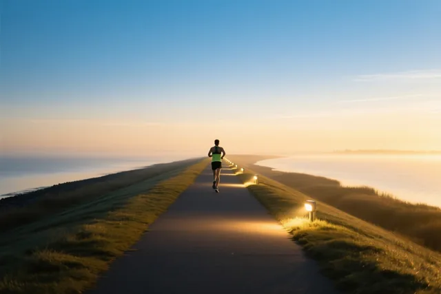 Een jogger loopt weg over een lang dijkpad met gelijkmatig verspreide lampen, naast een kalme zee onder een blauw-oranje hemel bij zonsopgang.