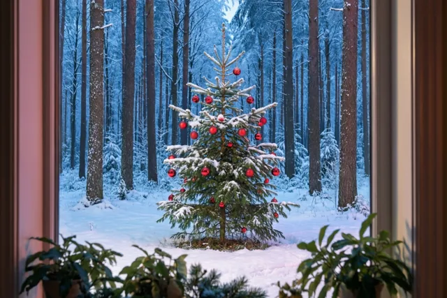 Door een houten raam met kamerplanten op de voorgrond is een jonge spar met rode kerstballen in een besneeuwd bos bij dageraad te zien, in koele blauwe en witte tinten.