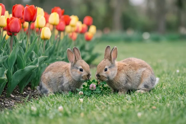 Konijntjes tussen het lentegroen