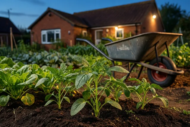 In de schemering verlichten warme buitenlampen jonge groene plantjes in donkere aarde bij een bakstenen rijhuis, met een kruiwagen ernaast.