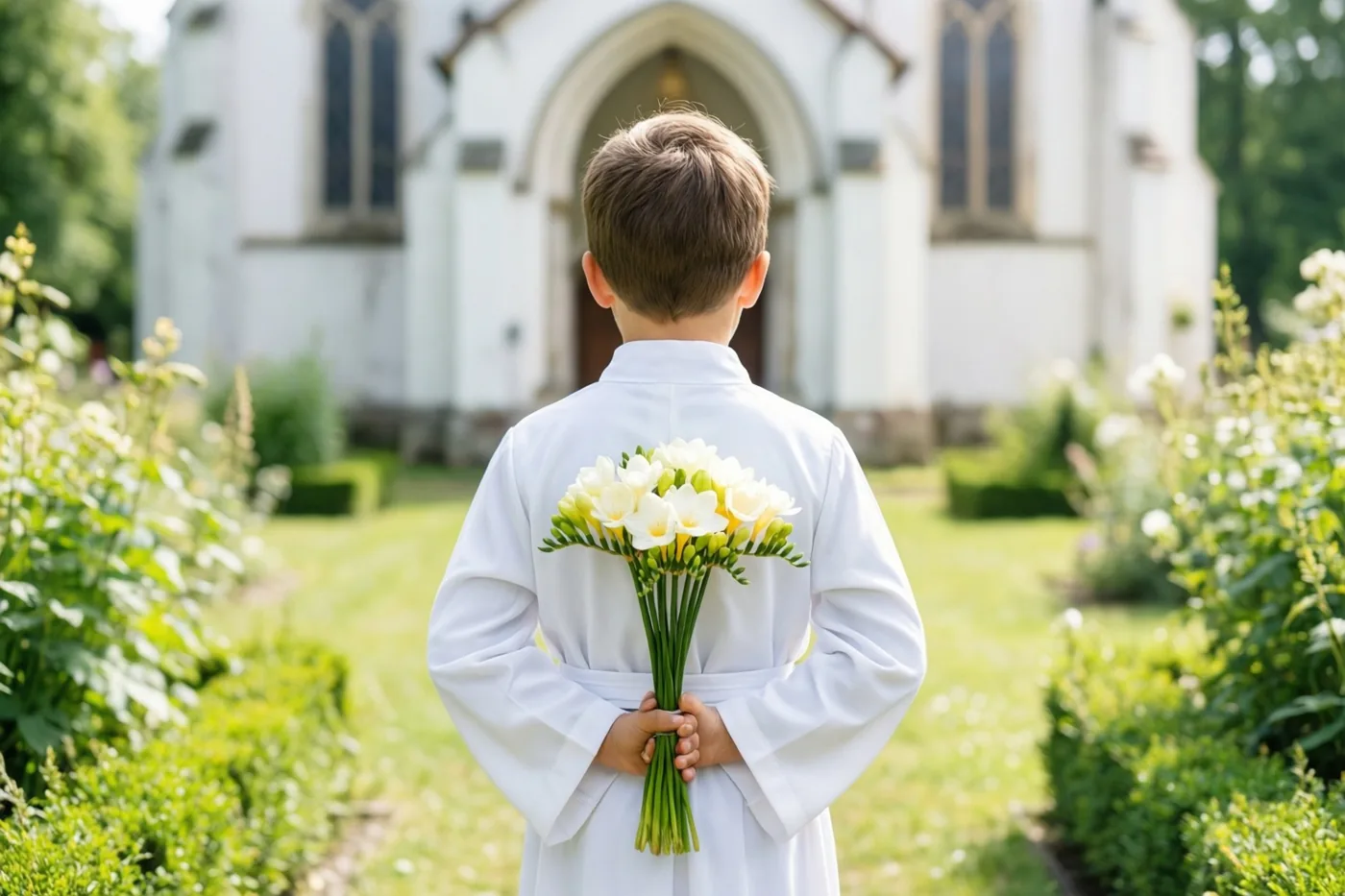 Een jongen in een wit gewaad staat met zijn rug naar de camera op het gras voor een witte kerk, met een boeket witte freesia’s achter zijn rug en groen rondom hem.