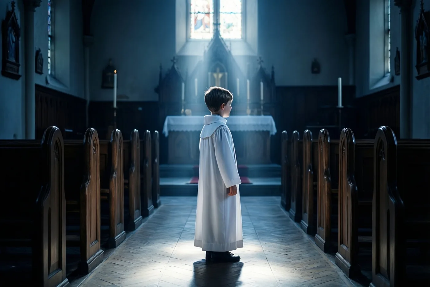 Een jonge jongen in een wit gewaad staat alleen in een kerkpad, verlicht door een lichtstraal uit een glas-in-loodraam.