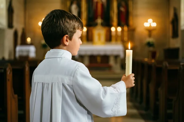 Een jongen in een wit communiegewaad houdt een lange brandende kaars vast in een warm verlichte kerk met houten banken en een altaar op de achtergrond.
