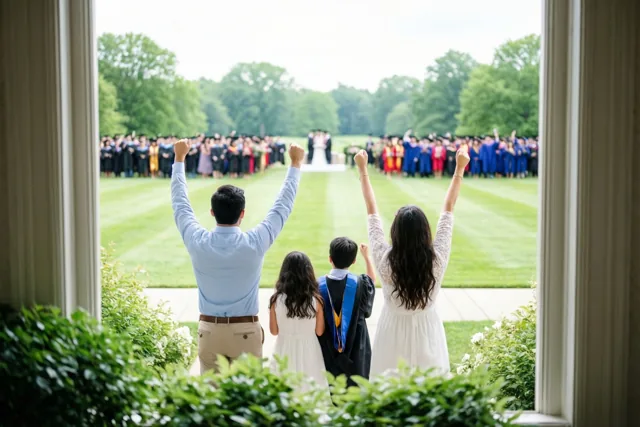Door een raam met groen op de voorgrond is een gezin van vier van achteren te zien dat met geheven vuisten juicht aan de rand van een gazon bij een afstudeerceremonie.