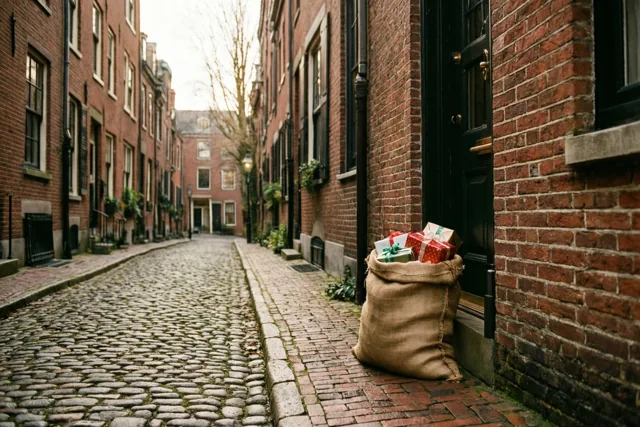 Een jute zak vol ingepakte cadeaus staat in gedempt licht op de drempel van een rood bakstenen huis in een smal kasseiensteegje.