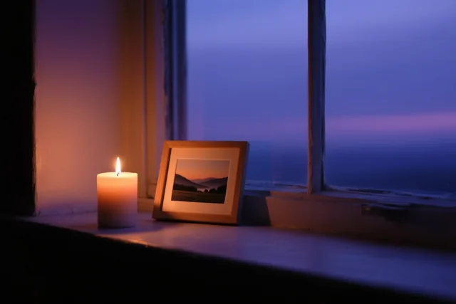 Een brandende witte kaars en een ingelijste landschapsfoto staan op een vensterbank voor een blauw-paarse avondlucht.