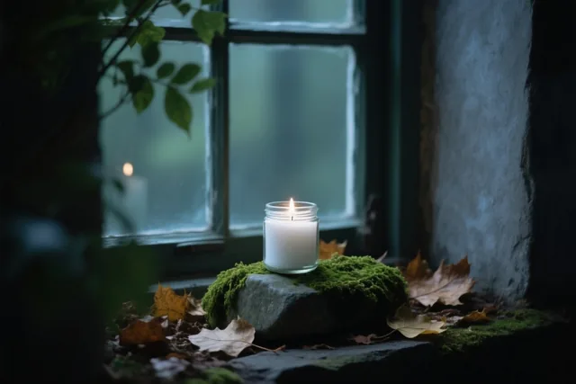 Een witte kaars brandt in een glazen pot op een bemoste steen tussen herfstbladeren bij een raam met blauwgroen licht.