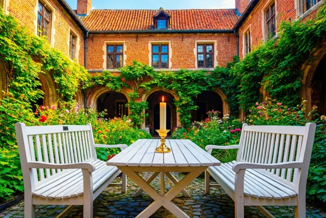 Witte houten banken en een tafel met één brandende communiekaars staan tussen groen en kleurrijke bloemen op een binnenplaats bij een oud bakstenen gebouw met booggangen en een rood pannendak.