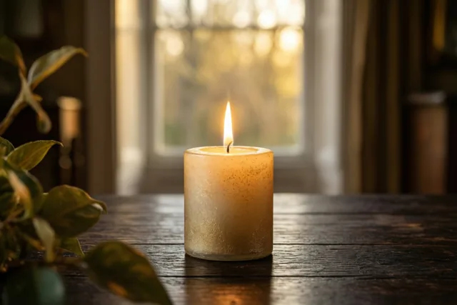 Een brandende kaars met een reliëfoppervlak staat op een donkere houten tafel, met warm gouden licht door een wazig raam op de achtergrond.