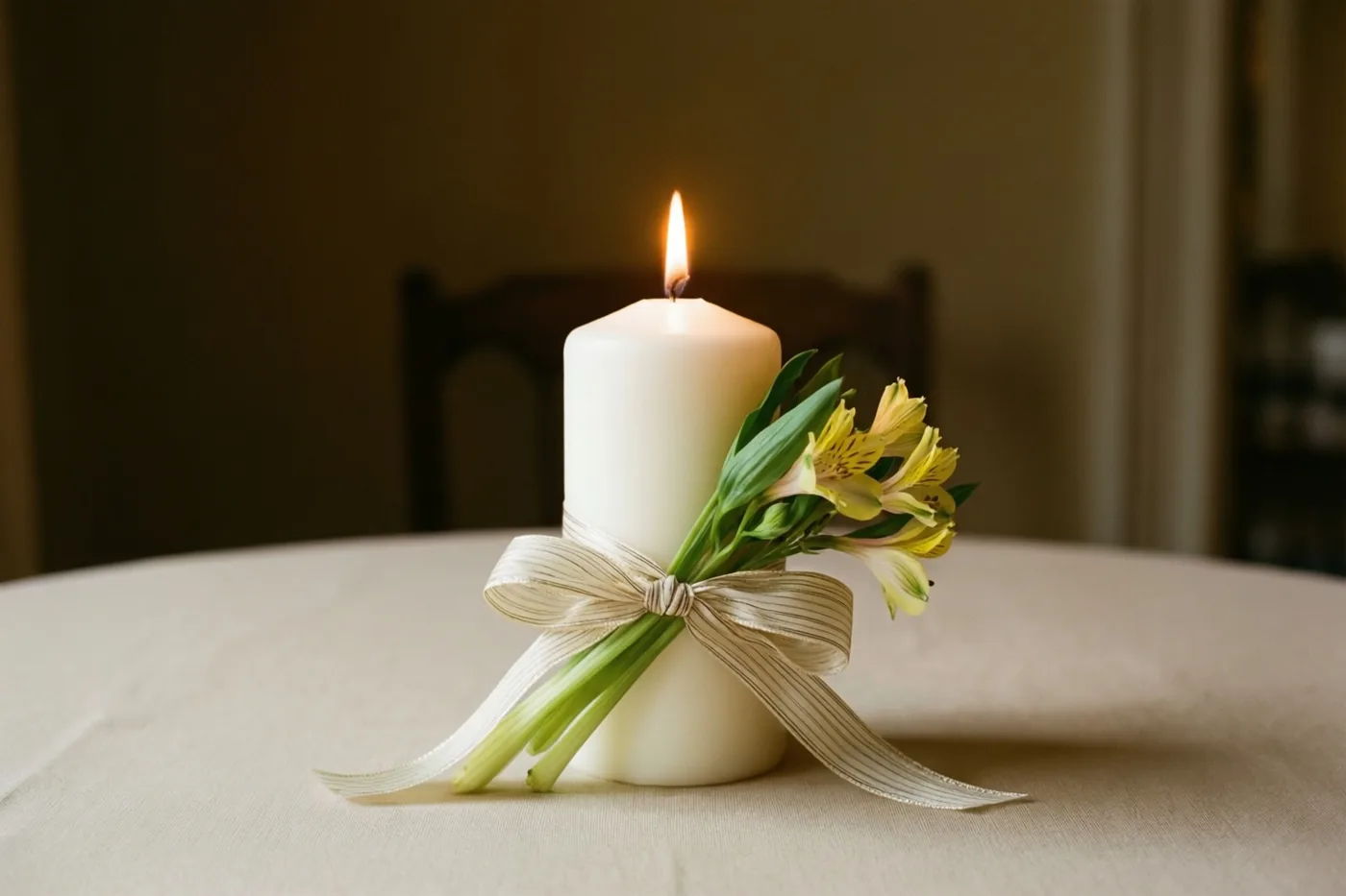 Een brandende witte kaars met een crèmekleurig lint en gele lentebloemen staat op een beige tafelkleed in zacht licht.