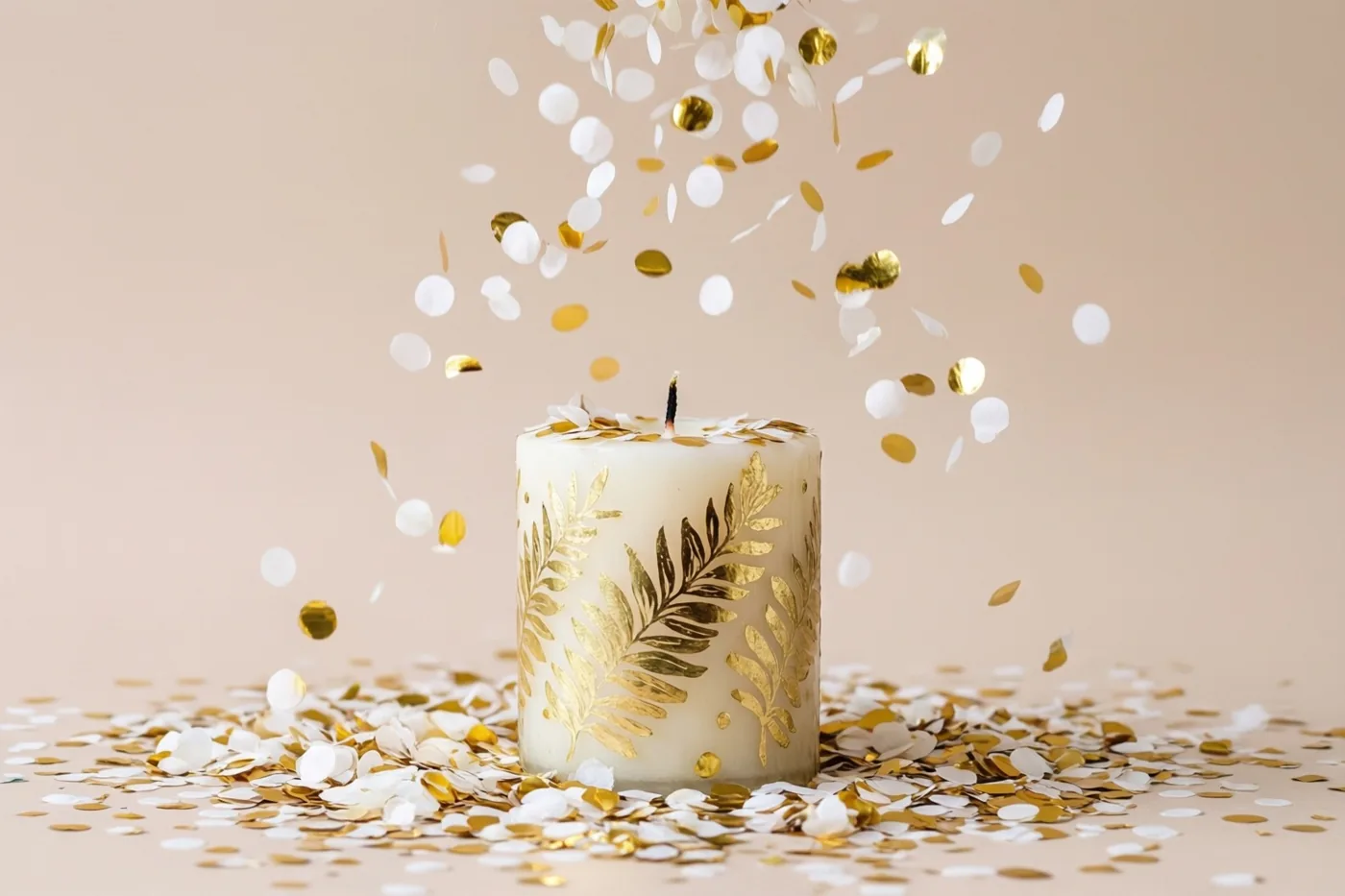 Een witte kaars met gouden bladmotieven staat op een beige oppervlak tussen vallende witte en gouden confetti.