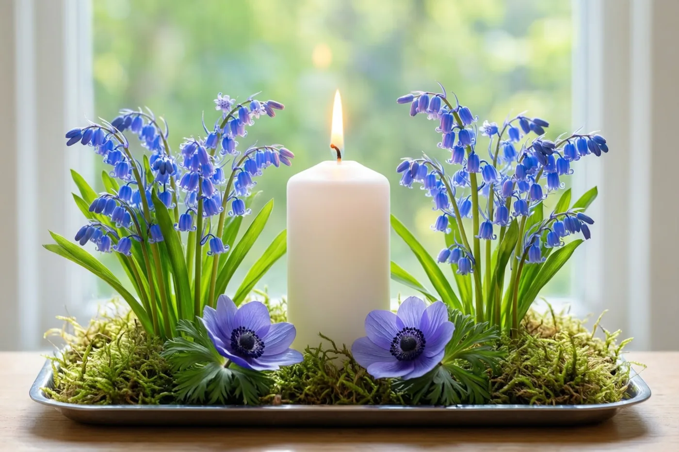 Een brandende witte kaars staat op een schaal met groen mos, boshyacinten en twee paarse bosanemonen op een houten oppervlak, met een helder raam onscherp op de achtergrond.