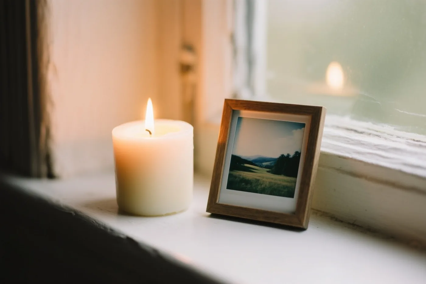 Een brandende witte kaars staat naast een landschapsfoto in een houten lijstje op een warm verlichte vensterbank.