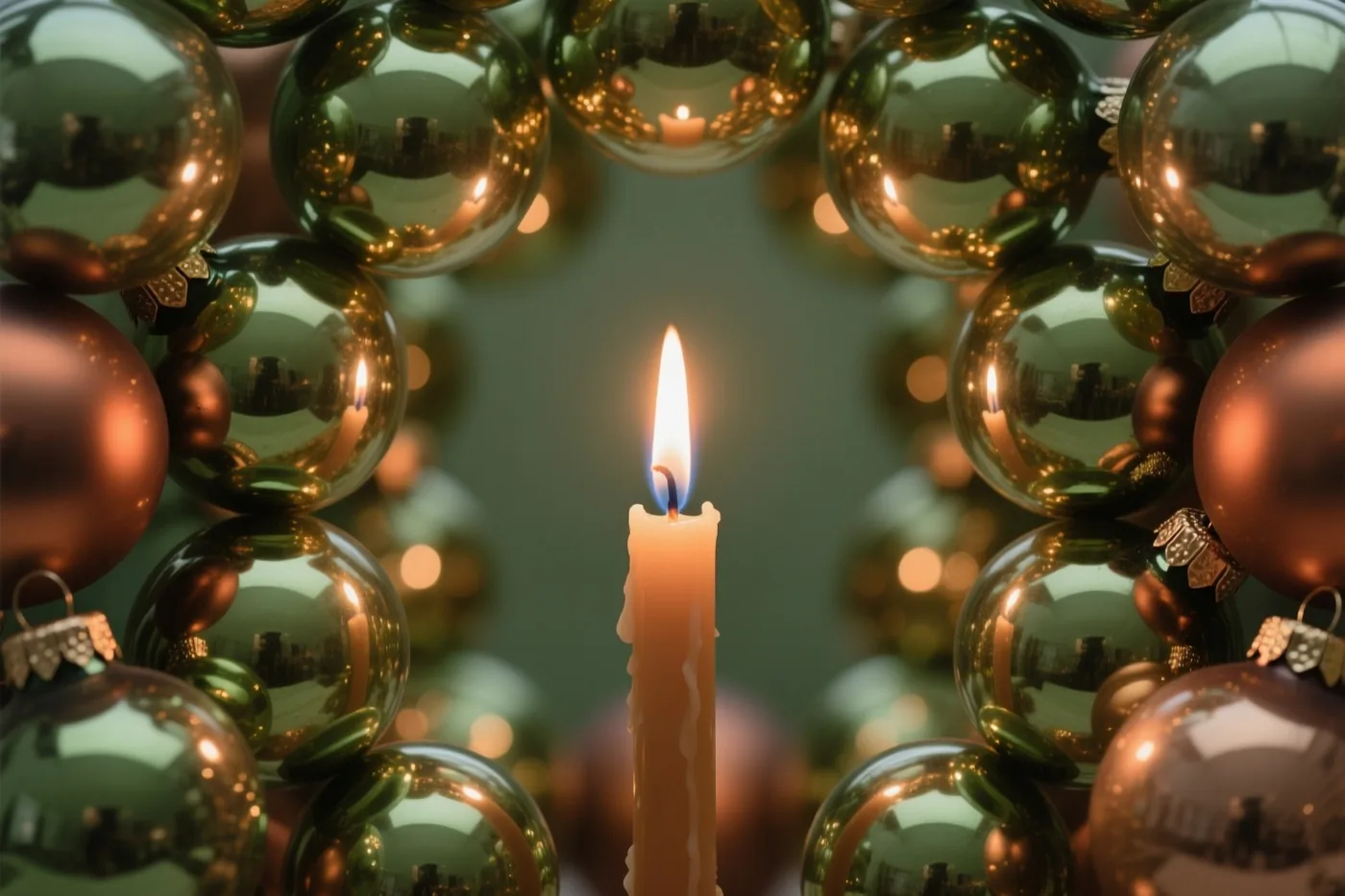 Een brandende kaars staat tussen glanzende groene en koperkleurige glazen kerstballen, waarin de vlam meermaals wordt weerspiegeld.